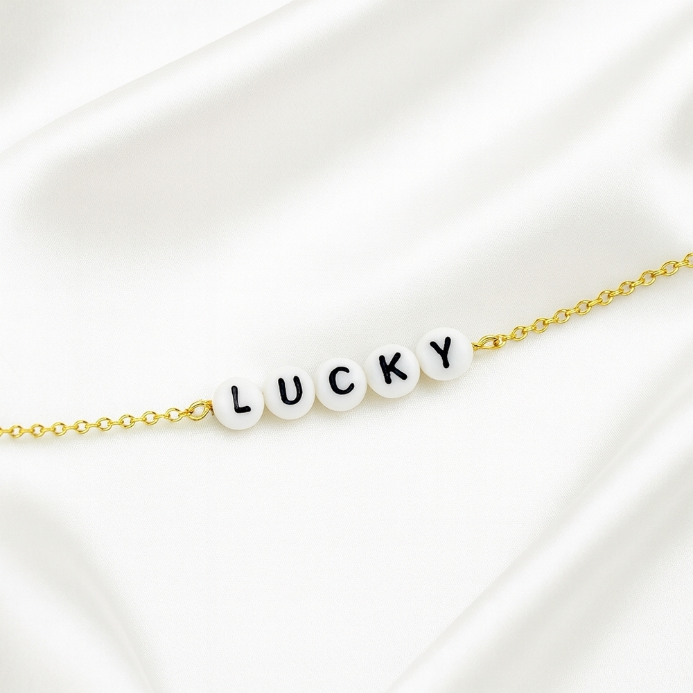 Elegant “LUCKY” Bracelet – Black & White Beads on Gold Chain Affirmation Jewelry